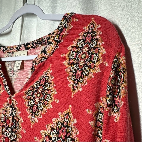 Style & Co Woman Blouse Top Plus 2X Boho Mixed Print Roll Tab Sleeves Red Hippie - Picture 3 of 10